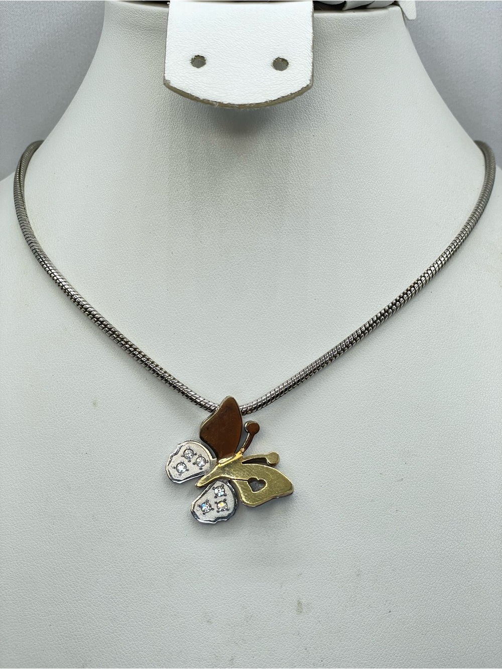 Vintage Two Tone 3D Butterfly Crystal Pendant Necklace Silver Gold